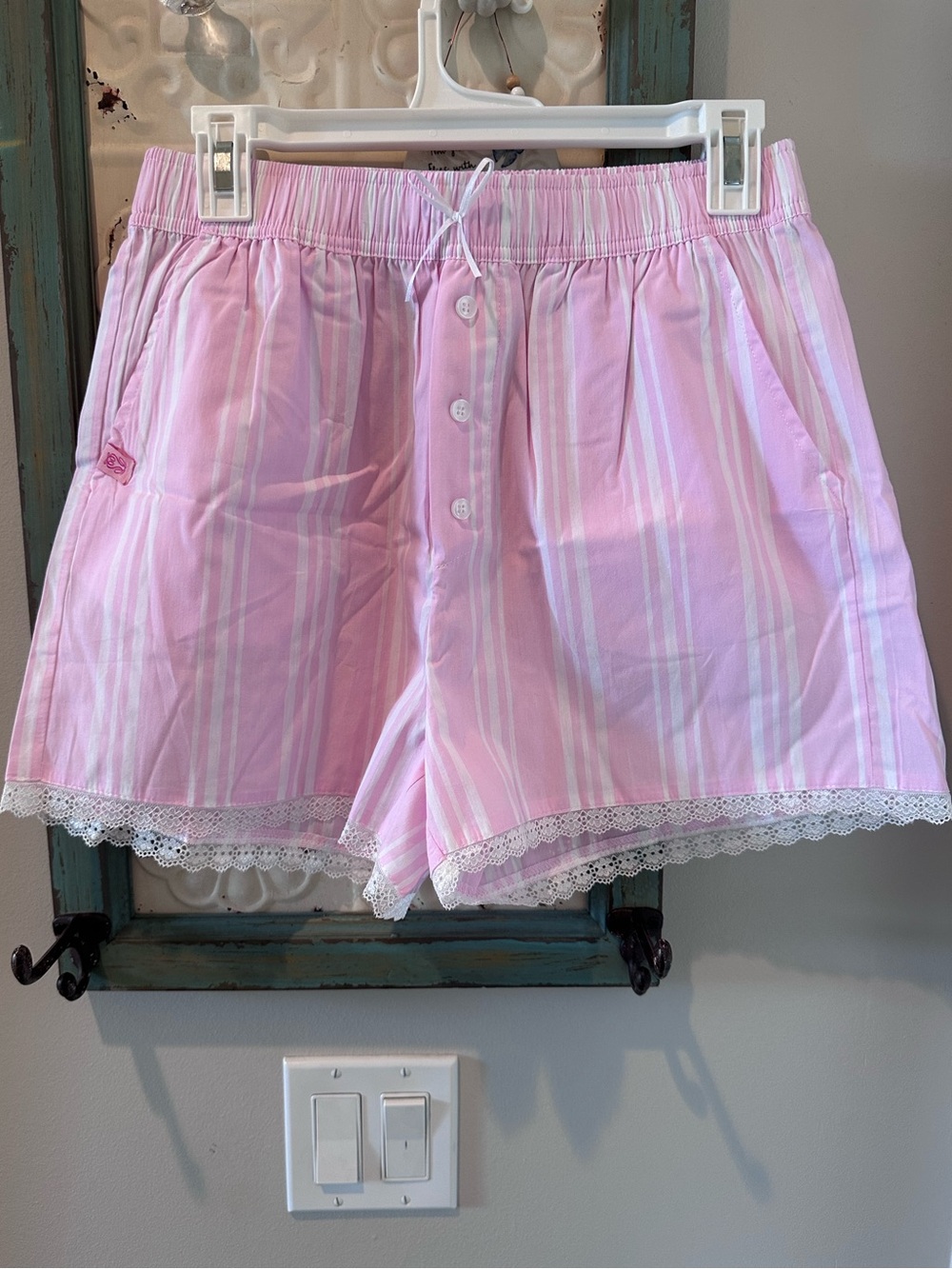 NWT Simply Southern Pink & White Striped Cotton Lounge Shorts with Lace Trim